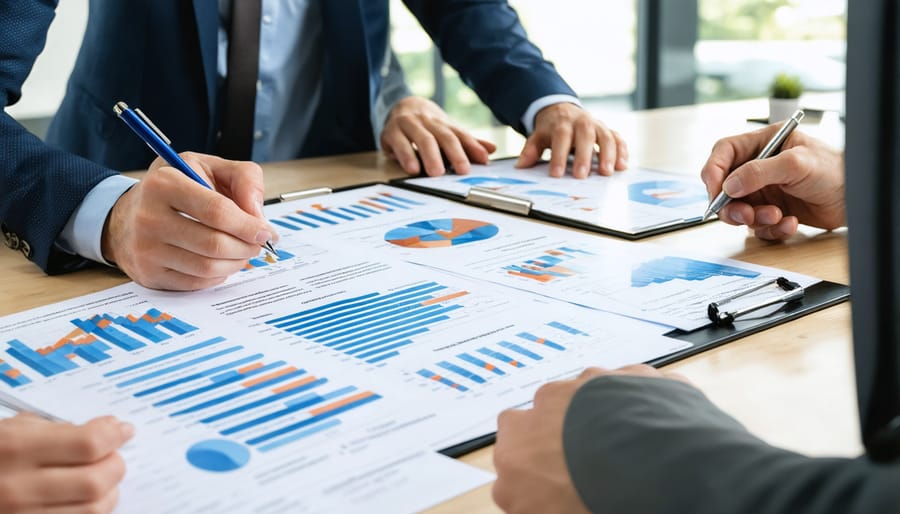 Real estate professionals and crypto experts collaborating on digital property transaction