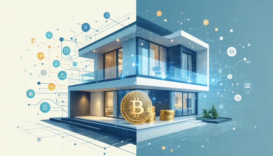 Visual representation of real estate and cryptocurrency integration with connecting digital elements