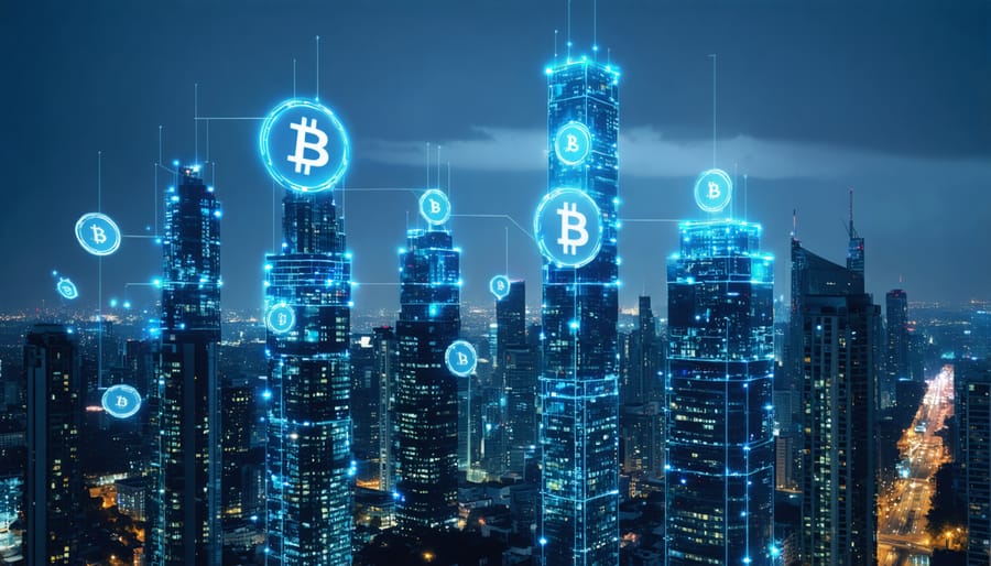 Futuristic city skyline depicting the integration of cryptocurrencies into real estate, with digital currency symbols blending into modern skyscrapers.