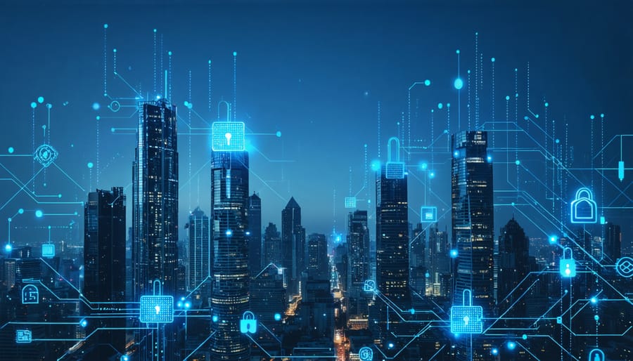 A silhouette of modern skyscrapers interconnected by a digital network with binary code and lock icons, representing the integration of technology and cybersecurity in real estate investments.