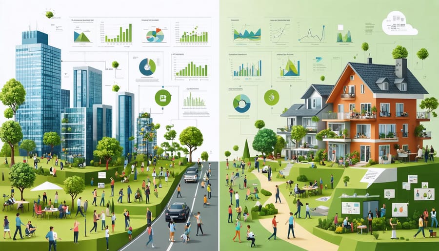 Conceptual split illustration showing millennials in urban apartments and baby boomers in suburban homes, overlaid with demographic symbols.