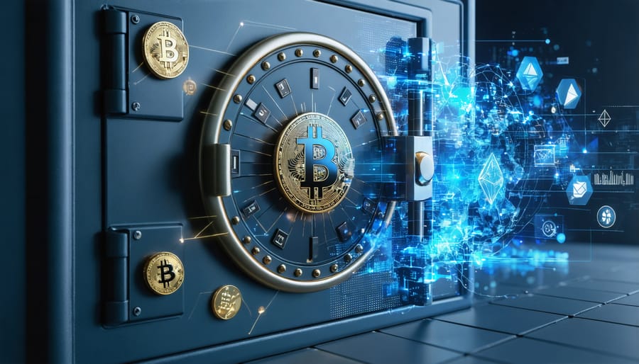 A conceptual collage depicting a secure vault combined with cryptocurrency logos and abstract NFT art, symbolizing the importance of including digital assets in estate planning.
