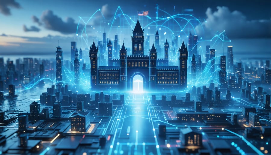 Illustration of a digital fortress defending high-value real estate assets from cyber threats. The image includes smart buildings and secured financial transactions symbolizing protection against cyber attacks.
