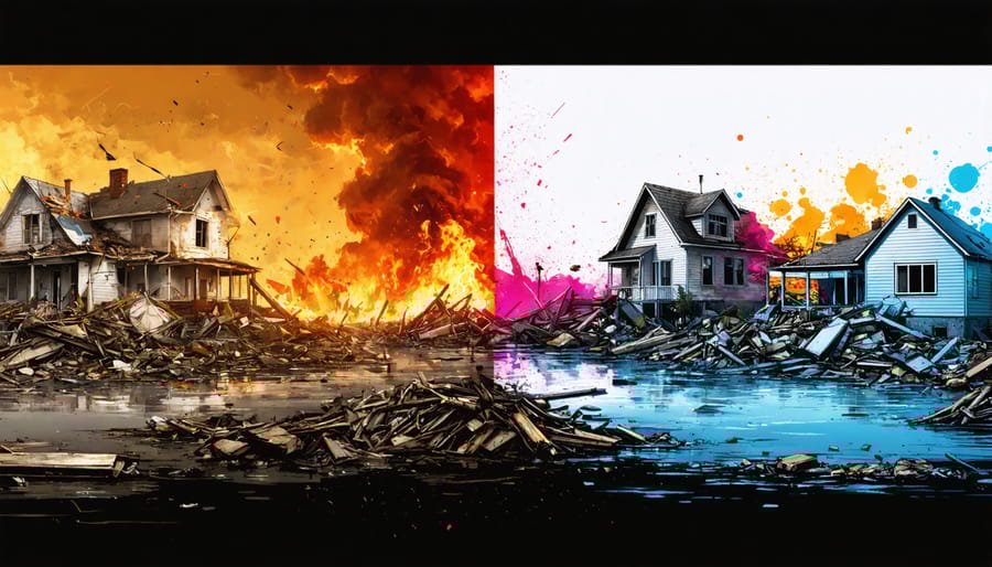 Split image illustrating the contrast between uninsured and insured properties post-natural disasters, with statistical charts representing the gap between perceived and actual disaster risks.