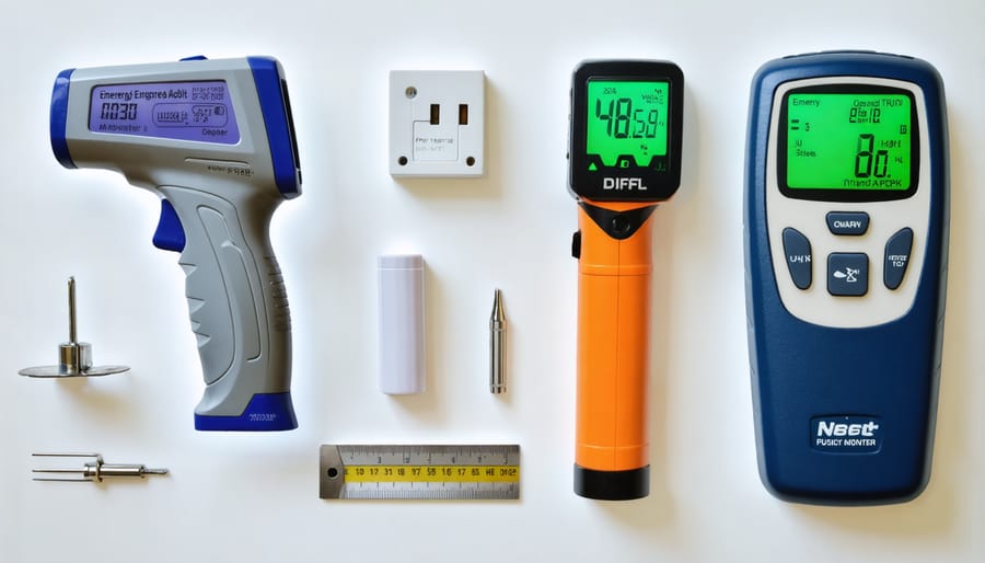 Essential tools for home energy audit laid out on wooden surface