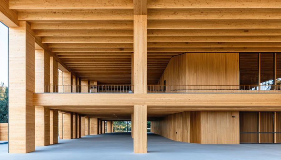 Interior of sustainable building with exposed cross-laminated timber construction