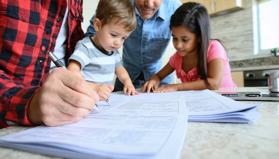 Family working together on wildfire evacuation plan and emergency documents