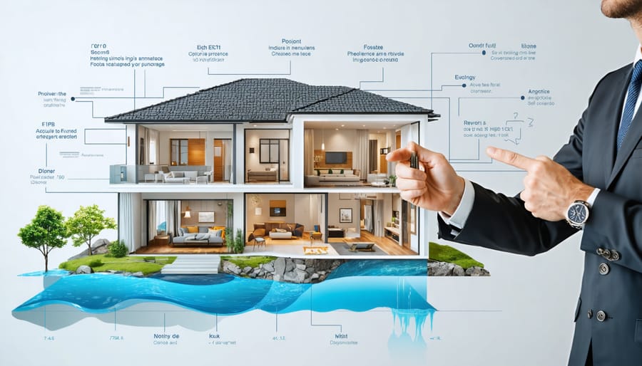 A real estate agent presenting a detailed 3D floor plan to a homeowner, highlighting flood-prone areas and essential insurance coverage components, with overlays illustrating flood levels and insurance options comparison.