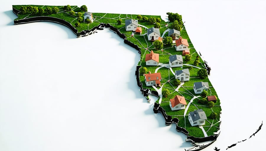 Conceptual illustration depicting the intricate relationship between Florida homeowners and HOA regulations, featuring a stylized map of Florida with interconnected homes and legal symbols.