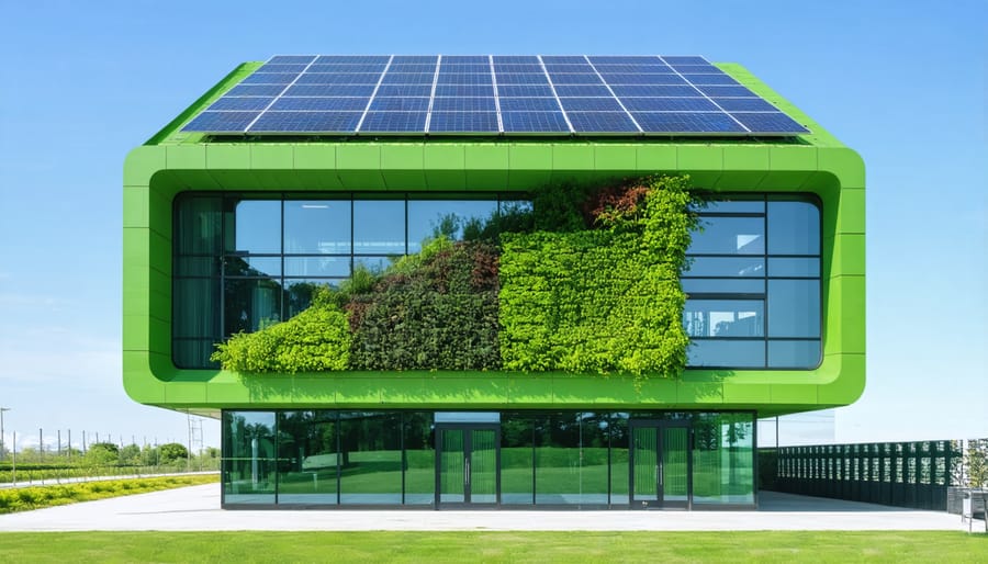 Contemporary sustainable commercial building featuring solar panels and vertical garden
