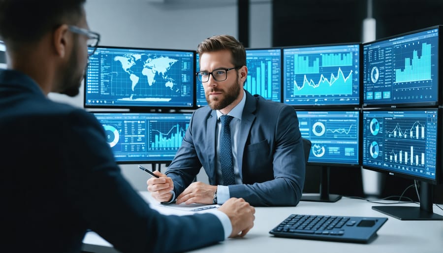 Insurance professional reviewing property risk assessment data and premium calculations