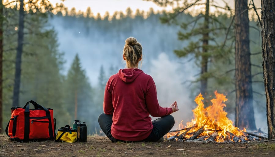 Individual maintaining mental wellness while preparing for potential wildfire threats