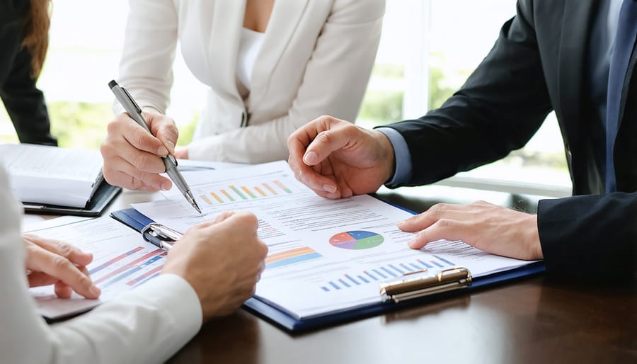 Real estate professional explaining mortgage lending policies to homebuyers