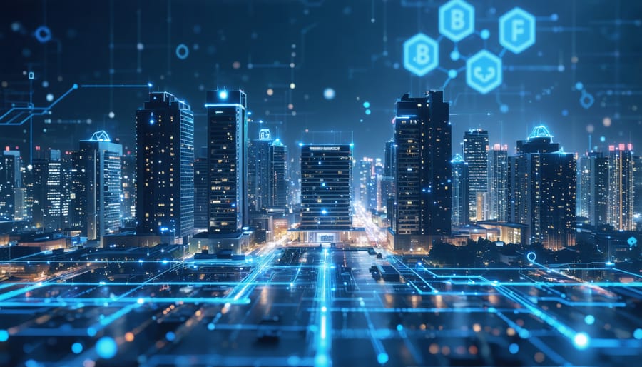 Conceptual representation of real estate and NFT integration, showing a city skyline combined with digital blockchain symbols and NFT tokens.