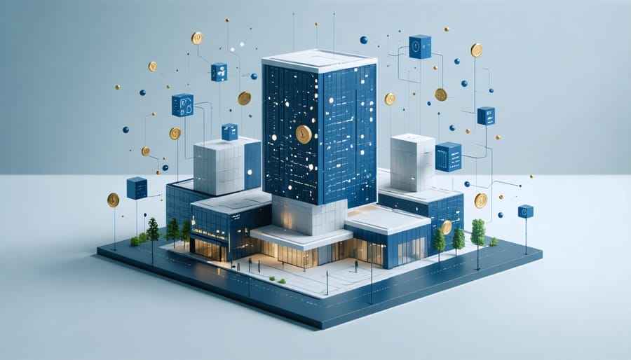 Digital representation of real estate tokenization showing a building connected to blockchain elements