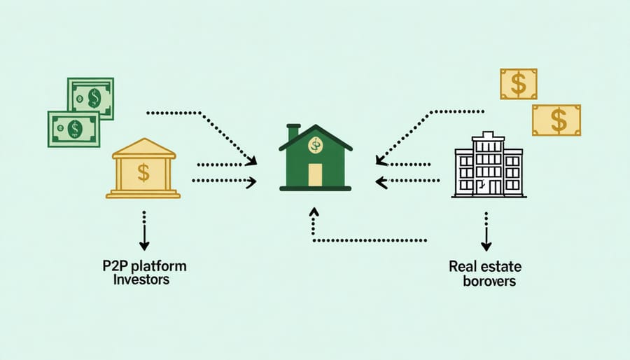 Flow diagram illustrating how P2P real estate lending connects investors with borrowers through a platform
