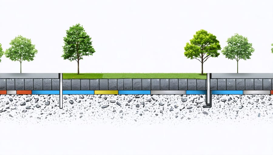 Technical illustration showing layers of permeable pavement and underground water management system