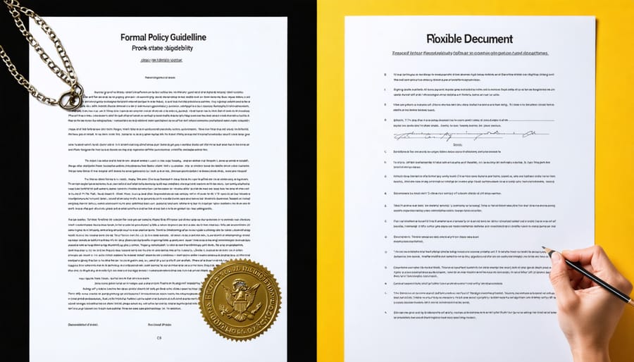 A conceptual illustration contrasting a formal, rigid policy document sealed with an official stamp against a flexible guideline document that allows for adjustments and annotations, symbolizing their roles in real estate transactions.