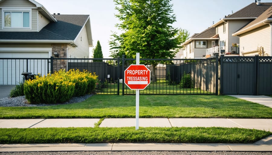 Residential property with visible boundary markers and a 'No Trespassing' sign, illustrating the concept of property control rights for owners.
