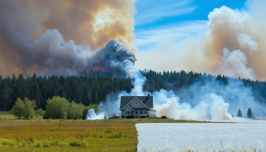 A house on the edge of a forest with half a sky showing calmness and the other half showing wildfire smoke, symbolizing preparedness.