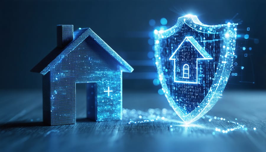 Conceptual illustration of a property being protected by a high-tech digital shield, representing the security features of PropertyFraudAlert.com against real estate fraud.