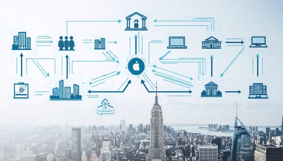 A conceptual flowchart illustrating the connectivity between investors, a peer-to-peer lending platform, and real estate borrowers. Arrows indicate the flow of investments and returns, with images of urban buildings and digital platforms emphasizing the modern approach to property investment.