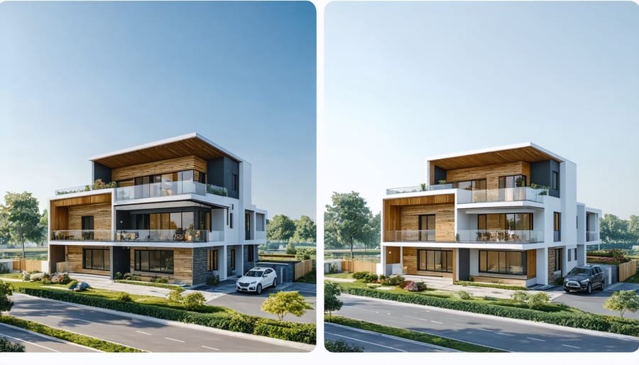 Split image showing residential area transformed into mixed-use development after rezoning