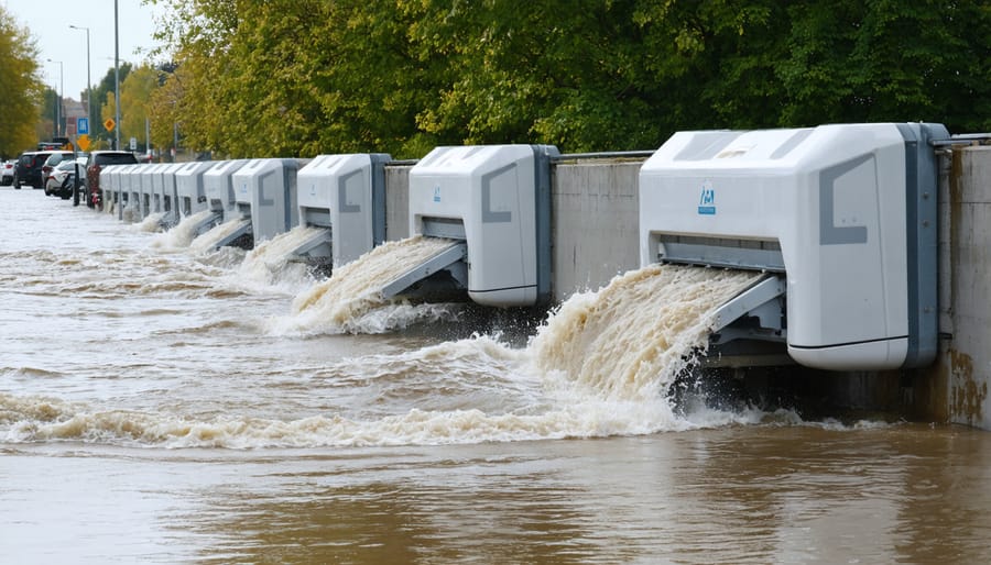 Automatic flood barrier rising from ground level to protect property from flooding