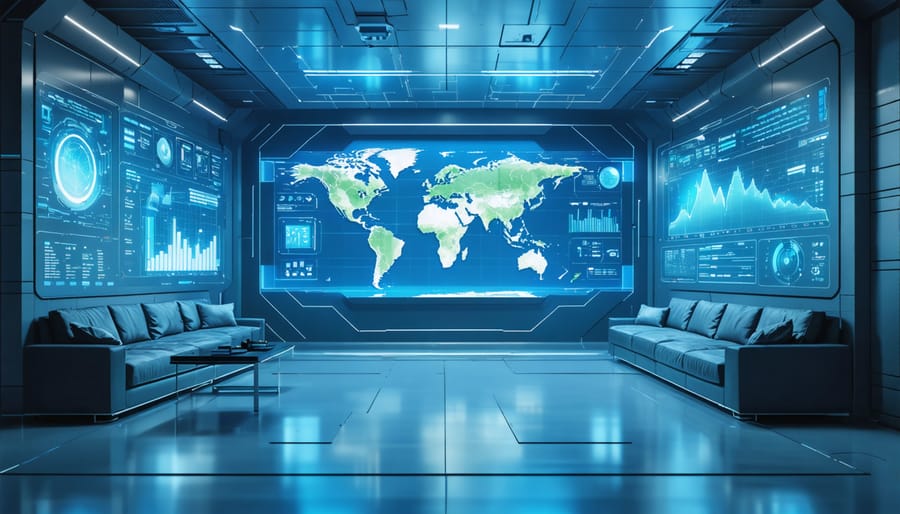 Futuristic control room with a large digital screen displaying real-time water usage and leak detection data, representing advanced smart water management technology.