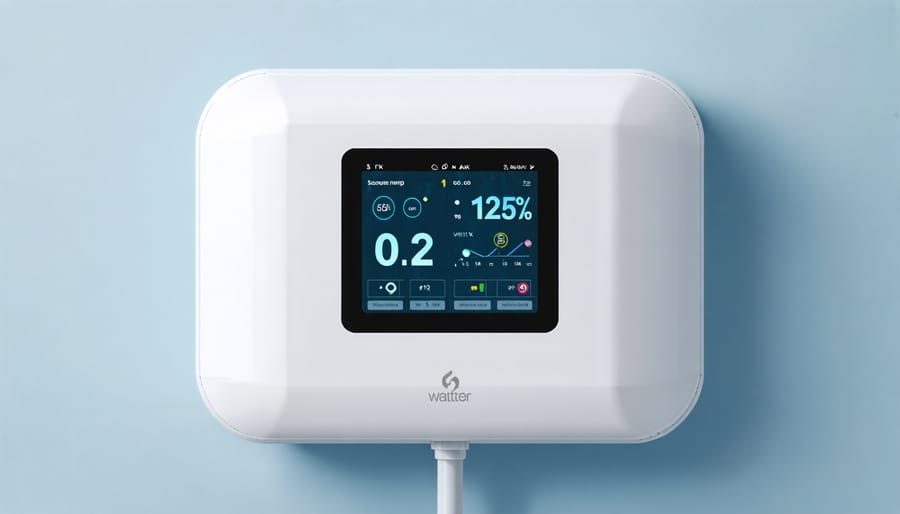 Digital smart water monitoring system displaying water usage data and leak alerts