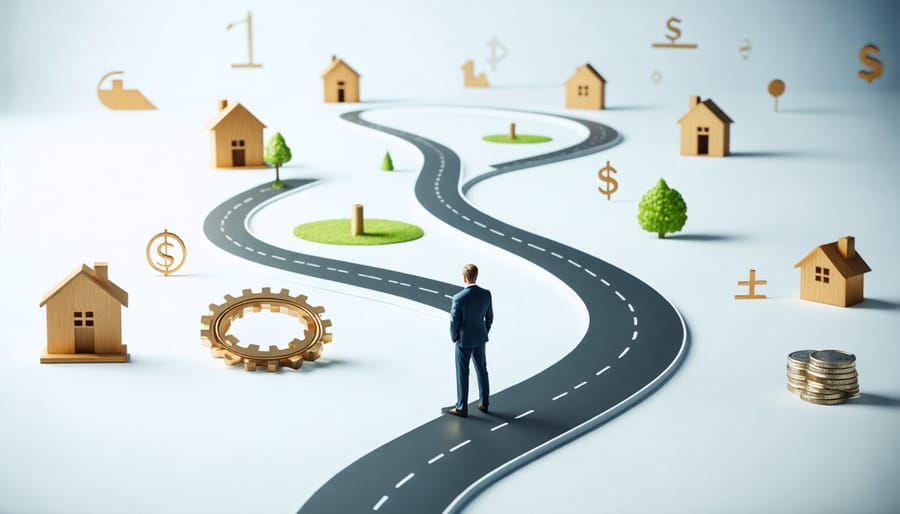 Conceptual image showing an individual at the crossroads of a retirement journey, surrounded by symbols of Roth IRA, tax brackets, and real estate investment options.