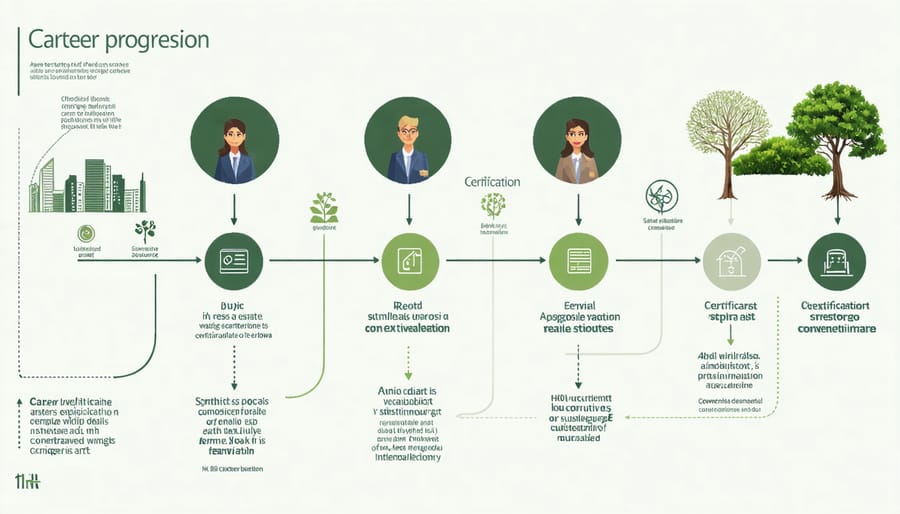 Visual diagram of career advancement routes and required certifications for sustainability professionals