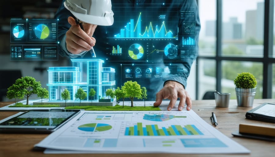 Professional reviewing sustainable building designs and energy metrics on large screens