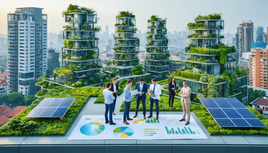 Professionals in sustainability and real estate reviewing futuristic building designs with green roofs and solar panels against a city skyline backdrop.