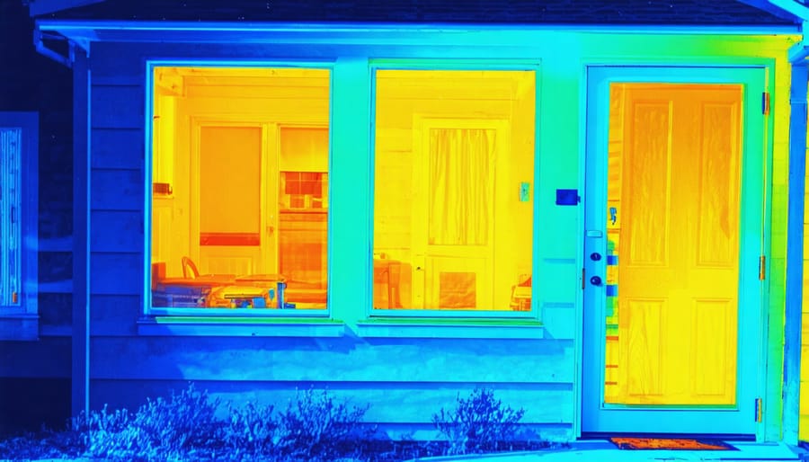 Infrared thermal image of house showing temperature variations and air leaks