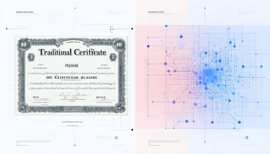Comparison between paper stock certificate and digital blockchain ledger