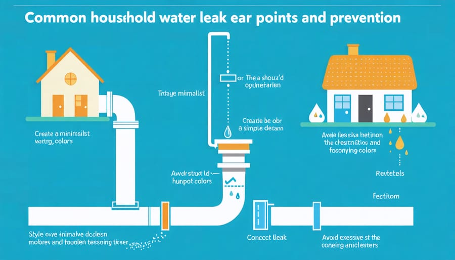 Illustrated diagram of house water system highlighting potential leak areas and prevention techniques
