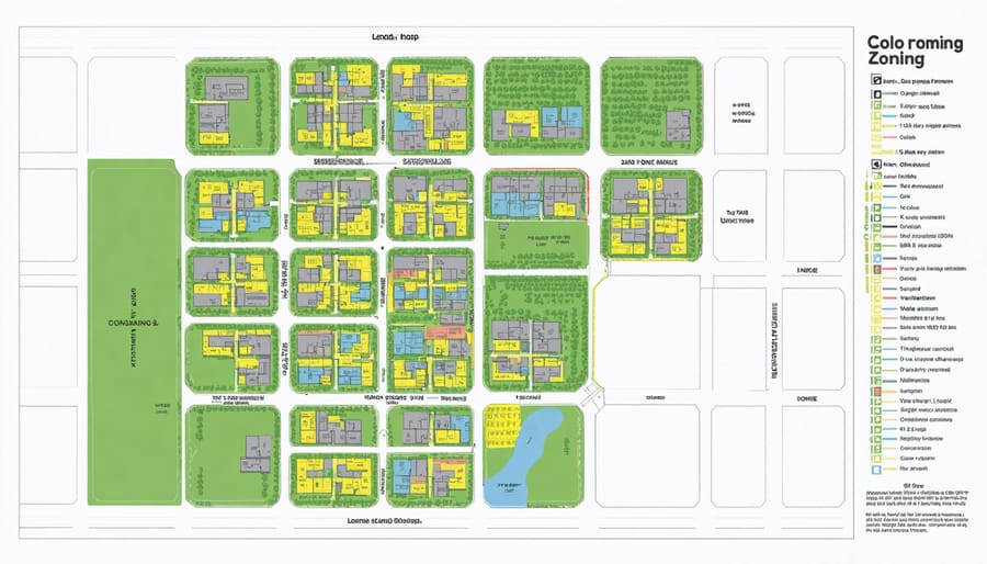 Urban zoning map with residential, commercial, and mixed-use zones highlighted in different colors