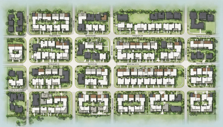 Aerial view of neighborhood with color-coded zoning district boundaries