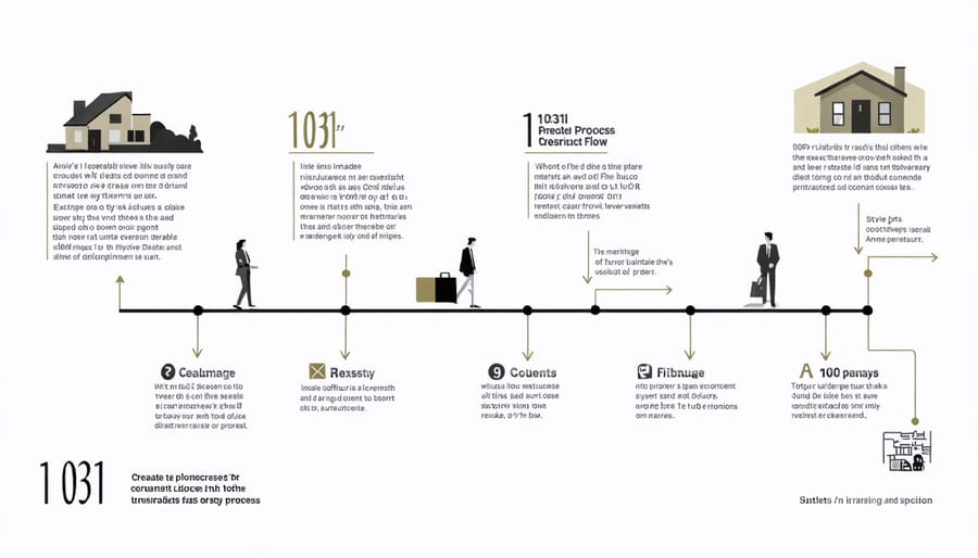 Step-by-step visualization of a 1031 exchange process with arrows and timelines