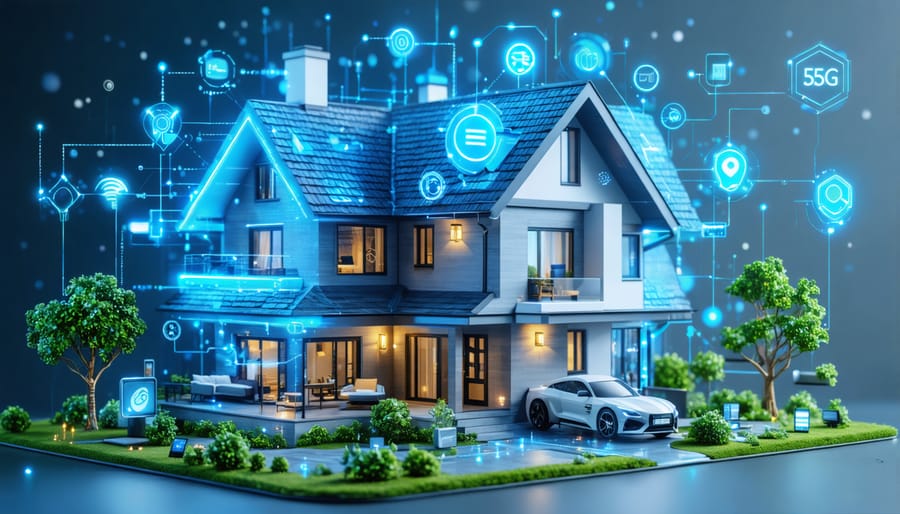 A futuristic digital illustration of a smart home fully integrated with 5G connectivity, surrounded by IoT devices representing real-time monitoring and advanced insurance protection.