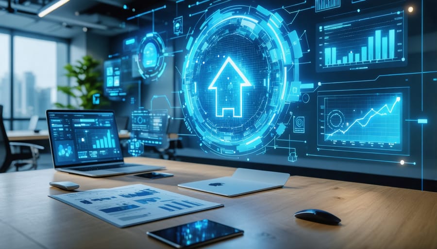 Illustrative depiction of AI systems analyzing property insurance claim documents and photos with digital data points, symbolizing advanced claims processing.
