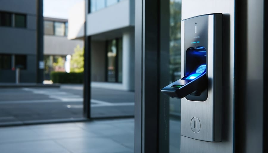 "Biometric fingerprint scanner on a modern building entrance representing advanced access control technology."
