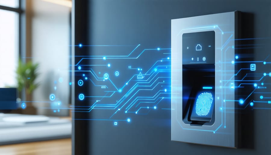 Sleek fingerprint scanner mounted next to a front door with LED indicator