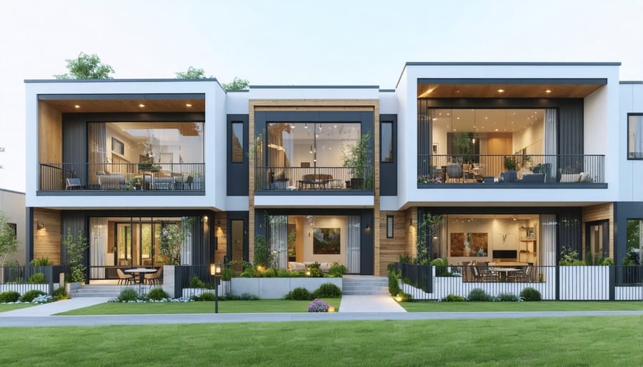 Aerial view of a contemporary co-housing community with communal gardens