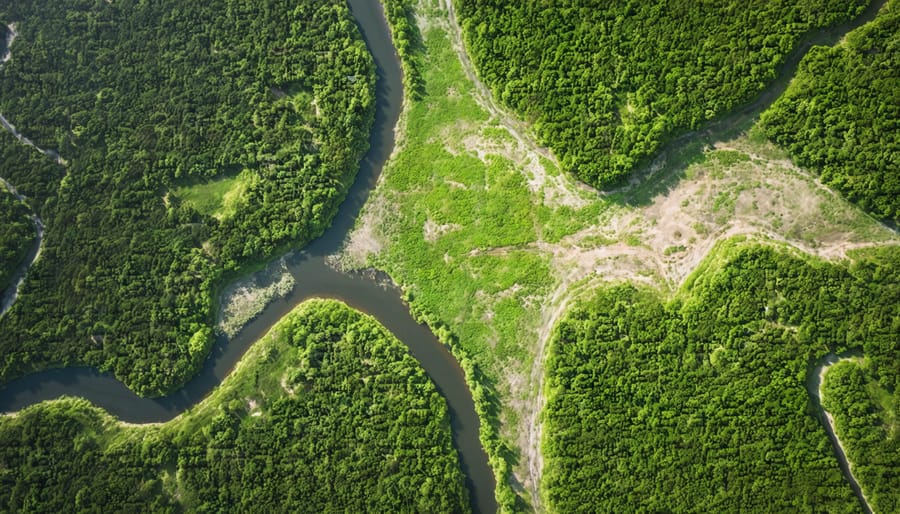 Bird's eye view of commercial development with preserved wildlife corridors and natural areas