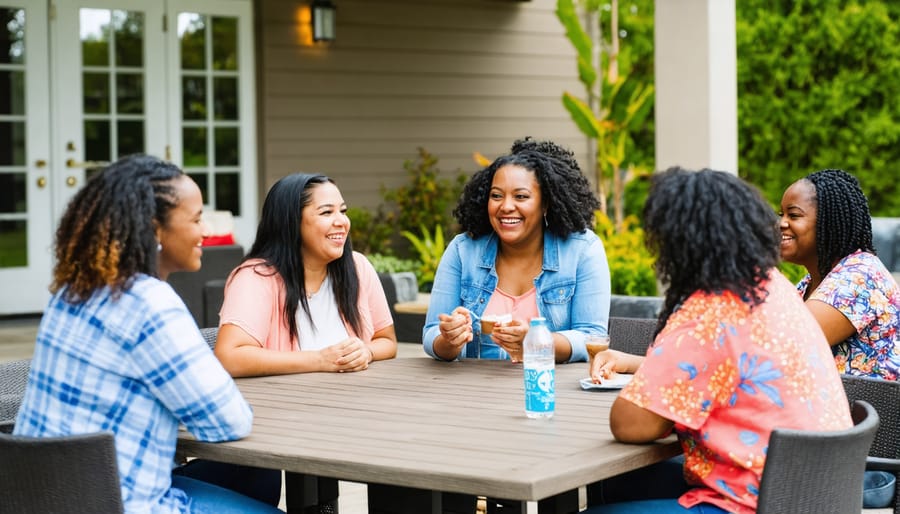 Residents having friendly discussion in upscale community clubhouse