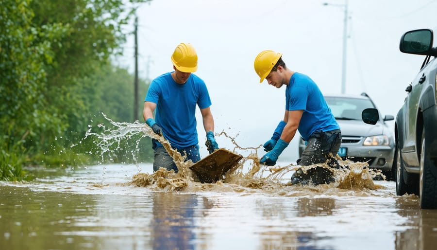 Diverse group of residents installing flood barriers and implementing protection measures in their neighborhood
