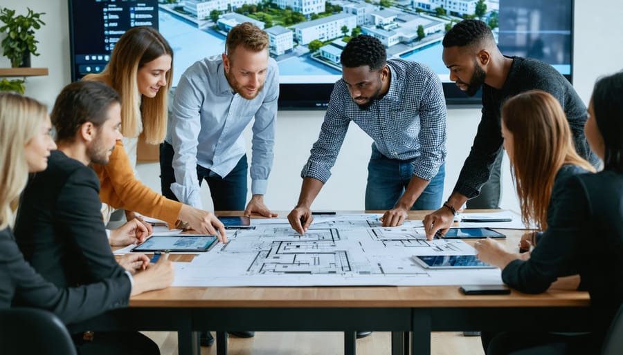"Community members from diverse backgrounds collaborate on real estate development plans, showcasing architectural blueprints and digital devices."