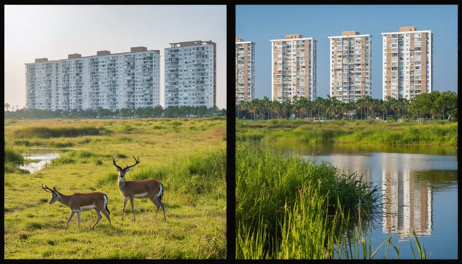 Side-by-side comparison of preserved natural habitat and sustainable residential development